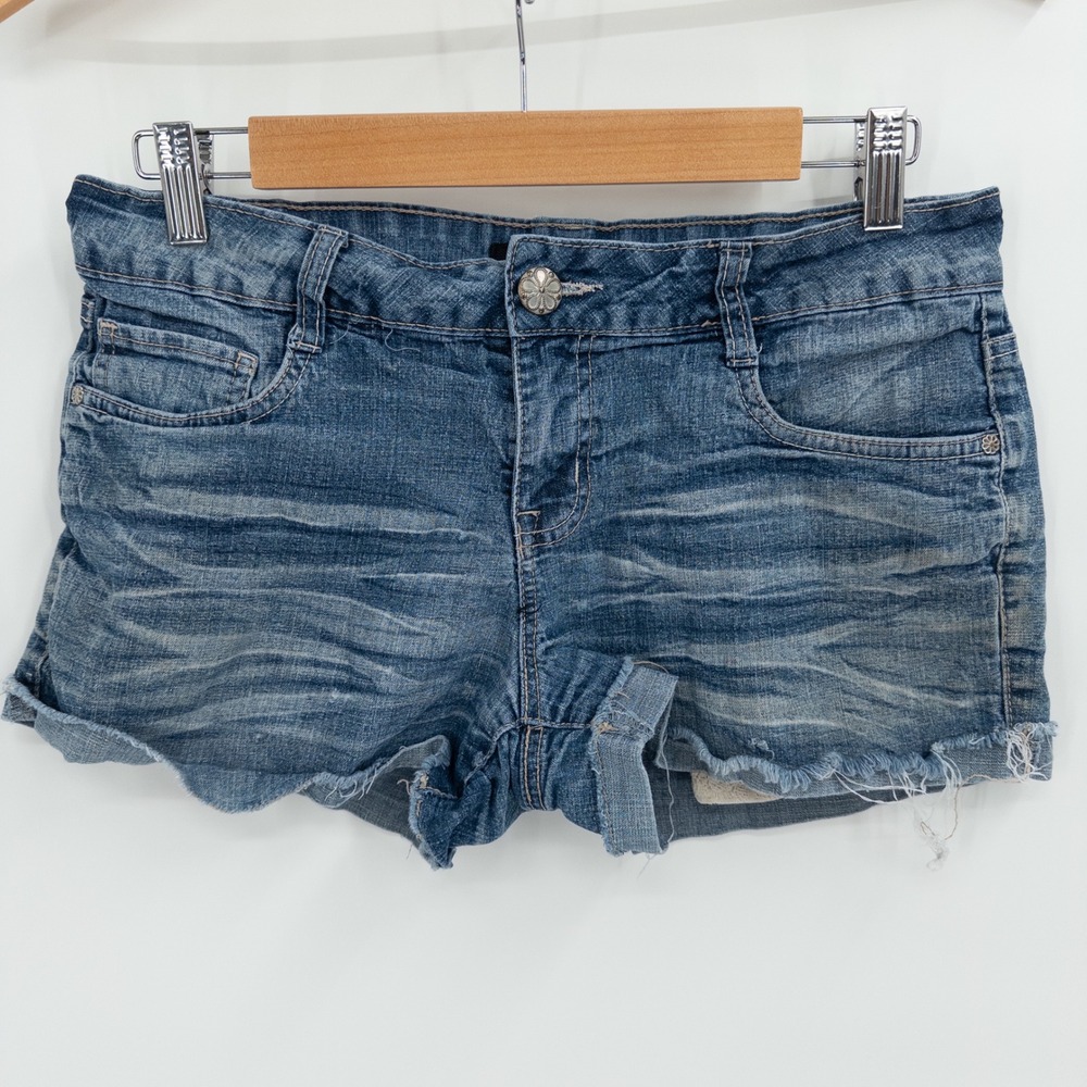 Y2K‎ Micro Shorts Junior 11 LEI Blue Y2K Low Rise Lace Trim Pockets Frayed Denim